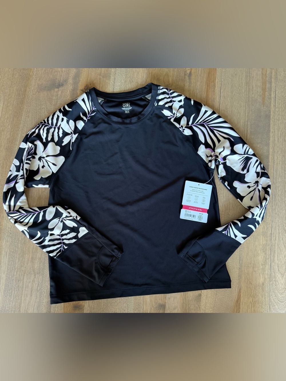 Athleta Girl Black Rashguard with Black and White Floral Sleeves